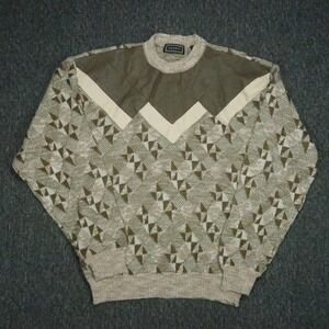 Saxony Sweater Mens Extra Large Brown Tan Abstract Knit Crew‎ Wool Blend Leather